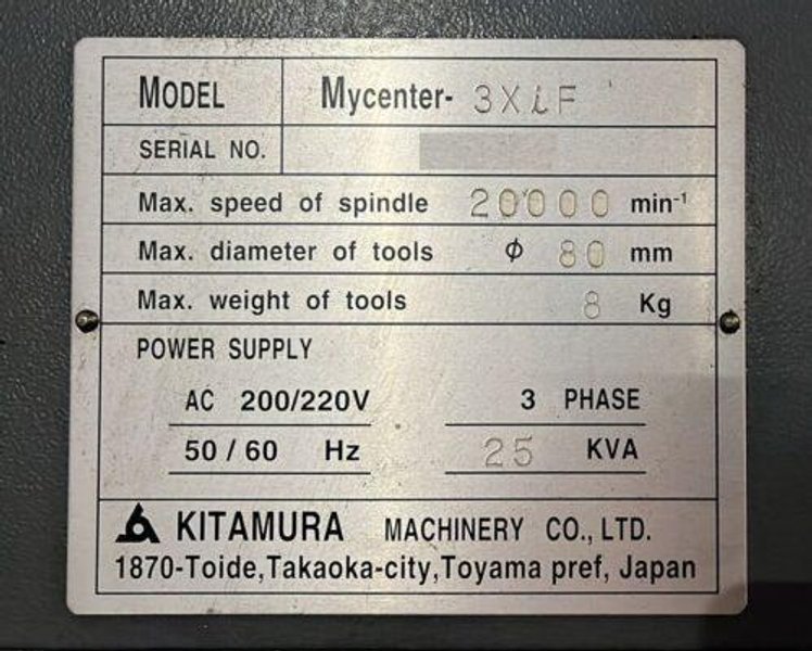 Kitamura MyCenter 3XiF Spark Changer CNC Vertical Mill
