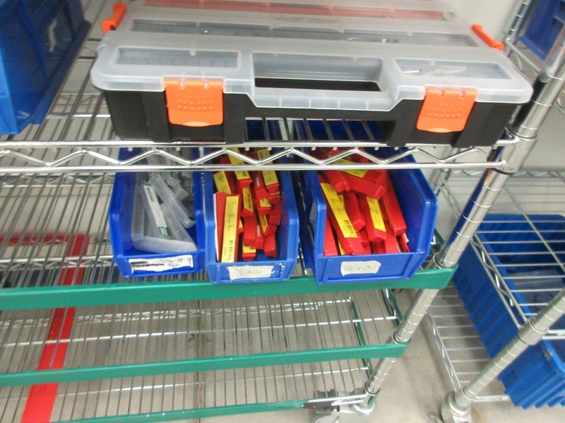 Perishable Tool, Large Assortment including Screw Gun Drill Tips, Taps, Drills, Sawzall Blades and MORE on 6-Shelf 60" x 18" x 78" Metal Wire Rolling Cart- Auction Item