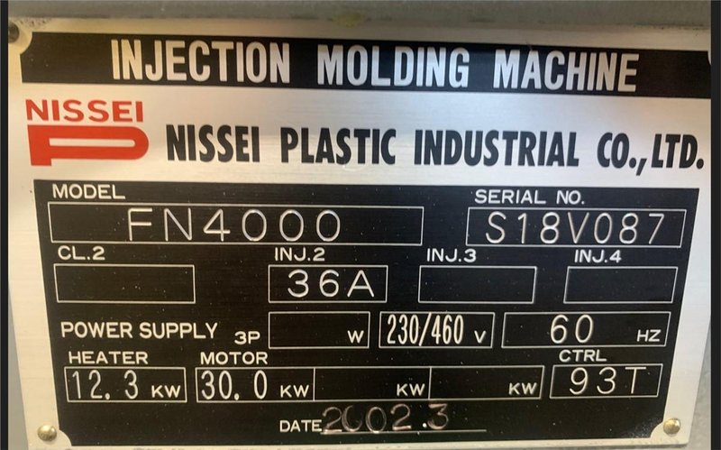 Nissei Used FN4000-36A Injection Molding Machine, 200 Ton, 9.1 oz., yr. 2002
