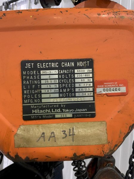 3 TON JET ELECTRIC CHAIN HOIST: STOCK #80623