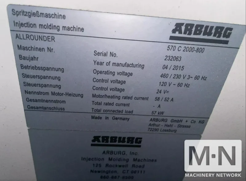 220 TON 15.3 OZ ARBURG MODEL 570C-2000-800 INJECTION MOLDING MACHINE MFG 2015 WITH LOW HOURS