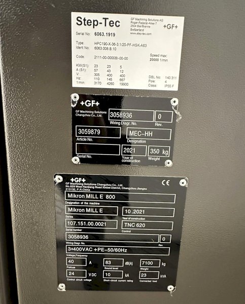 GF Mikron Mill E 800 Vertical 3-Axis Machining Center 2021 With Chiller, Coolant Tank, Chip Conveyor, 20k RPM Step-Tec Motor Spindle, Laser Tool Measuring System, Lift-up Chip Conveyor, Infrared Touch Probe, Glass Scales