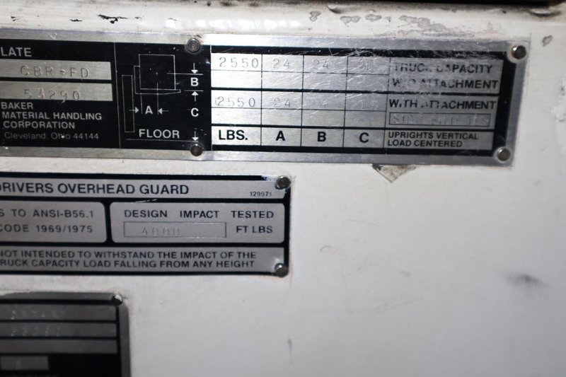 Baker CBR-FD Standing Electric Forklift 2550# Cap, Side Shift, Charger- Auction Item