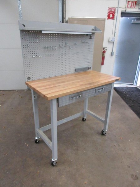 Portable Work Bench with Maple Top, Upper Shelf, Drawer, Work light- Auction Item