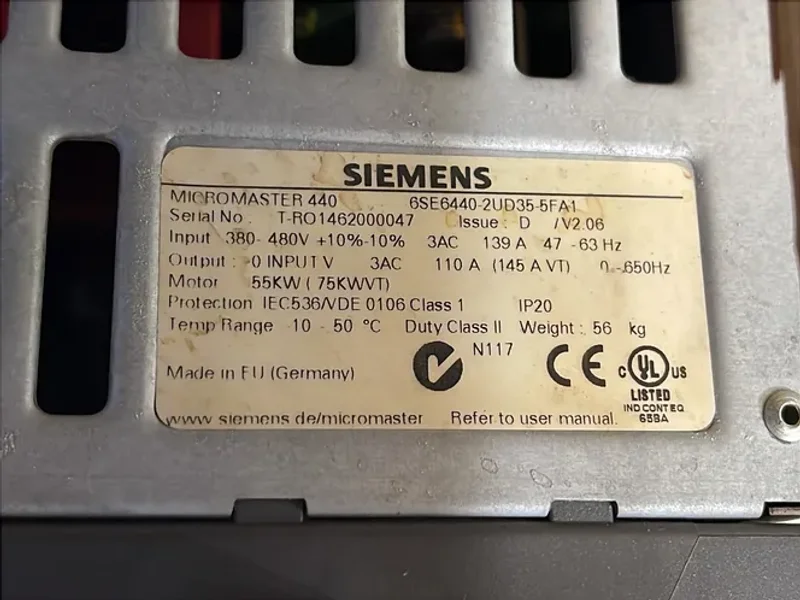 Siemens 55 Kw Micromaster 440 Frequency Converter - 6se6440-2ud35-5fa1