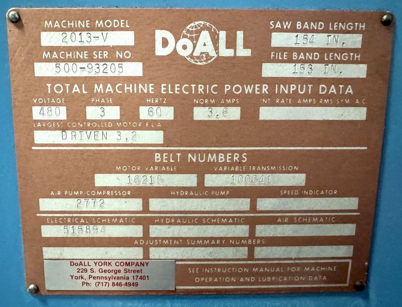 20" DoAll Vertical Band Saw 2013-V, 13" Under Guide, 55-2200 FPM, 26" x 26" Tbl., Clean