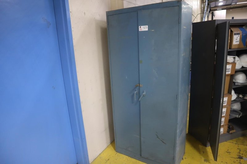 2 Door Metal Cabinet with Contents, Hand Tools, Powder Coating Gun and Cabinet Parts,  Air Fittings- Auction Item