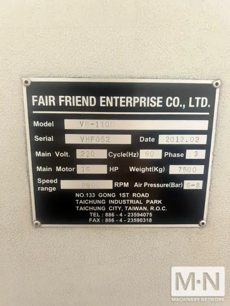 Feeler VC-1100 CNC Vertical Machining Center, 2012