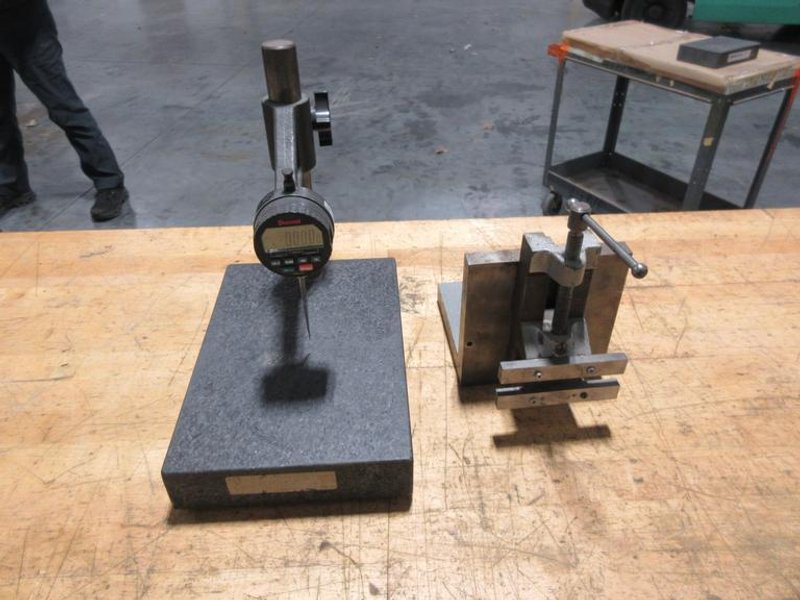 Granite Height Stand with Starrett Digital 1" Travel Indicator *Does Turn On* , Angle Plate 6"x6"x6" with Small Vise Mounted- Auction Item