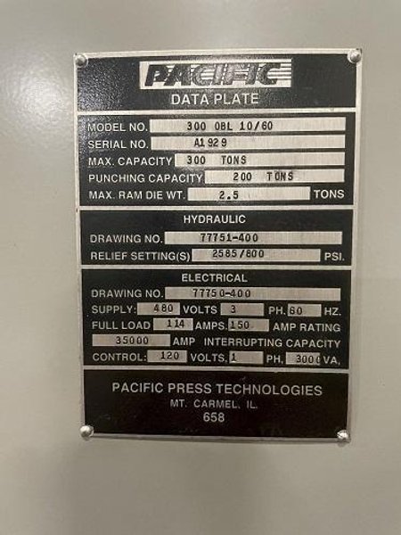300 TON PACIFIC MODEL #300-OBL-10/60 STRAUGHT SIDE HYDRAULIC PRESS