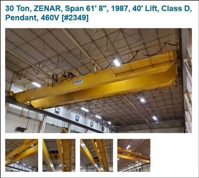 30 TON X 61'8" ZENAR DOUBLE GIRDER OVERHEAD BRIDGE CRANE 40' LIFT, CLASS D : YOBRO #25191
