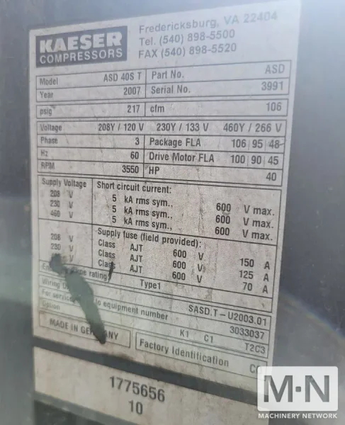 40 HP Kaeser ASD 40S T Rotary Screw Air Compressor