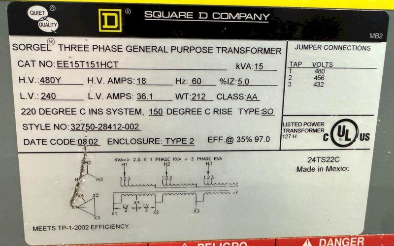 15 KVA Square D Transformer Cat. No. EE15T151HCT, HV 480, LV 240, 3 Phase