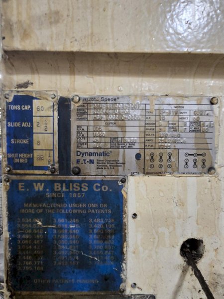 60 TON BLISS MODEL #C2-60 GAP FRAME STAMPING PRESS 8" STROKE: YOBRO #24932
