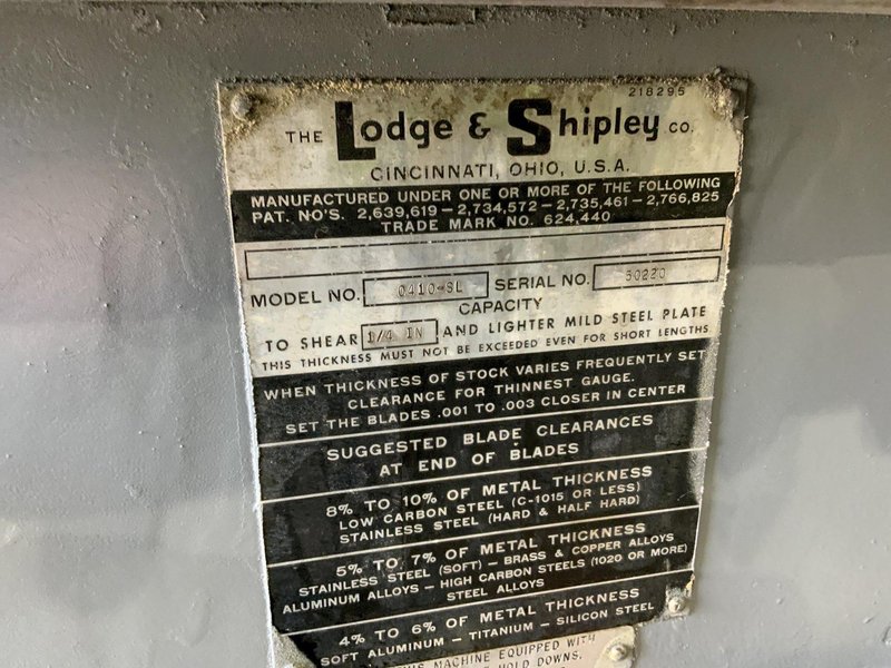 10' X 1/4" LODGE &amp; SHIPLEY MODEL 0410-SL POWER SQUARING SHEAR: STOCK #81225