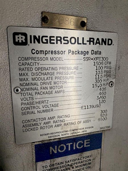 300 HP (1500 CFM) INGERSOLL RAND MODEL SSR-XFE300 ROTARY SCREW AIR COMPRESSOR: STOCK #13544