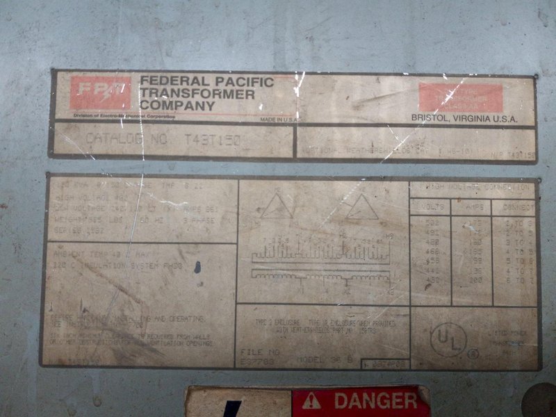 150 kVA FEDERAL PACIFIC DRY TYPE CLASS AA TRANSFORMER. STOCK # 1117924