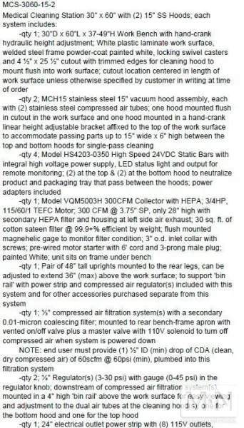 STATIC CLEAN MEDICAL CLEANING SYSTEM MODEL MCS-3060-15-2  MFG 2016 (2) AVAILABLE