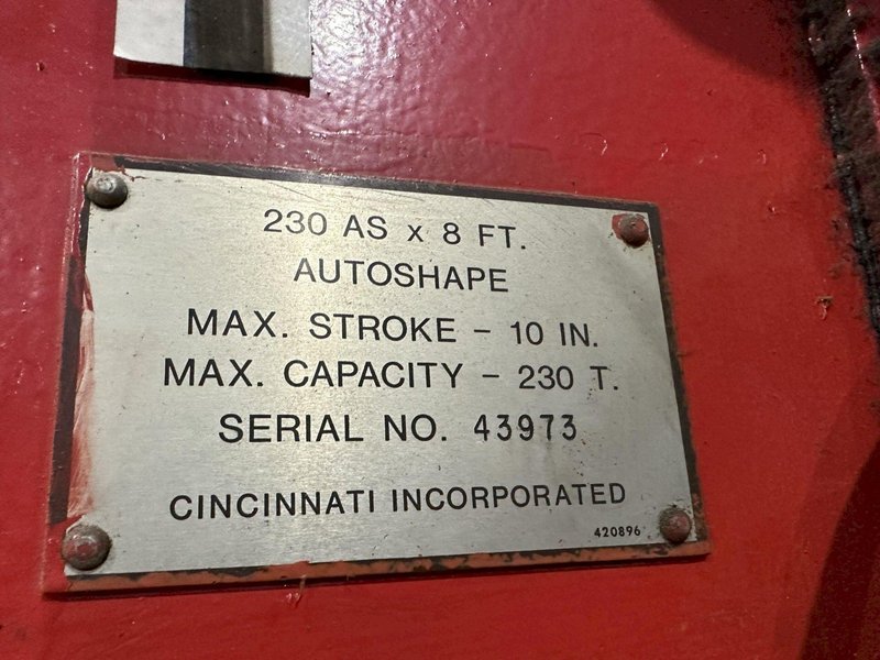 230 TON X 10&#039; CINCINNATI MODEL #230-8AS HYDRAULIC CNC PRESS BRAKE W/ UPGRADED CONTROLS: STOCK #19386