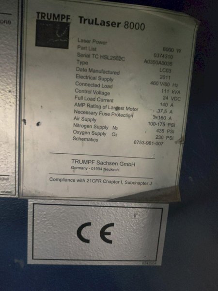 6,000 WATT TRUMPF TRULASER 8000 WITH TRUFLOW 6KW RESONATOR. STOCK # 0690524