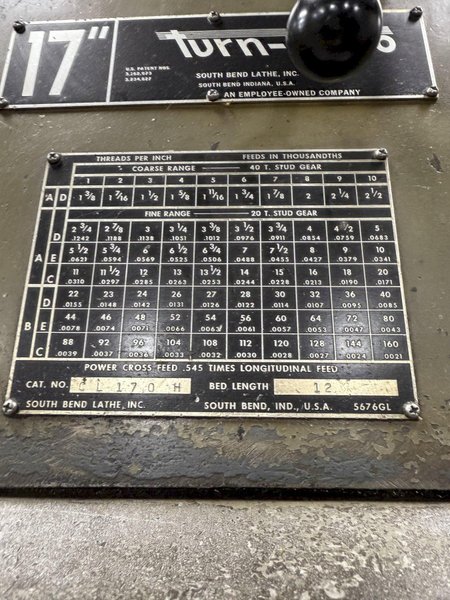 17&quot; X 144&quot; SOUTHBEND TURN-NADO LATHE. STOCK #1007525