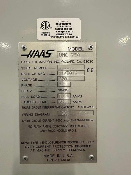 Haas UMC-750 5-Axis CNC Universal Machining Center – 12,000 RPM, 40 ATC, TSC, HSM Mill