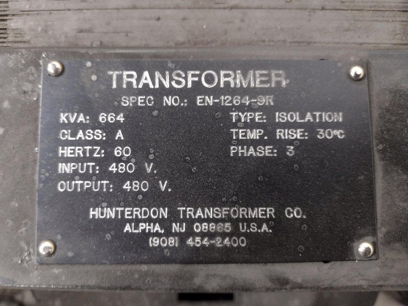 664 KVA HUNTERDON MODEL #EN-1264-9R TRANSFORMER: STOCK #21309