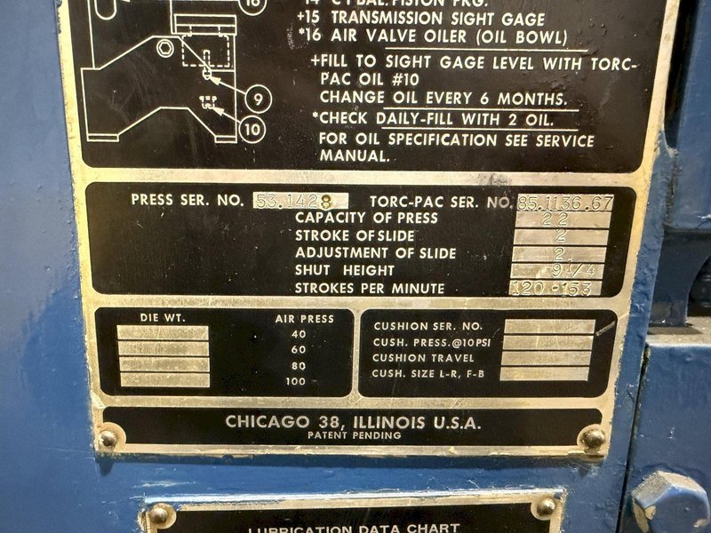 22 TON CLEARING TORQ PAC GAP FRAME MECHANICAL STAMPING PRESS 2" STROKE: YOBRO #24688