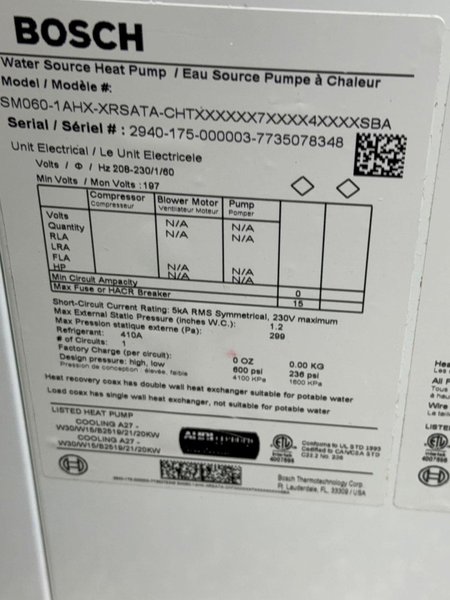 BOSCH WATER SOURCE HEAT PUMP   -  SM060-1AHX-XRSATA-CHTX