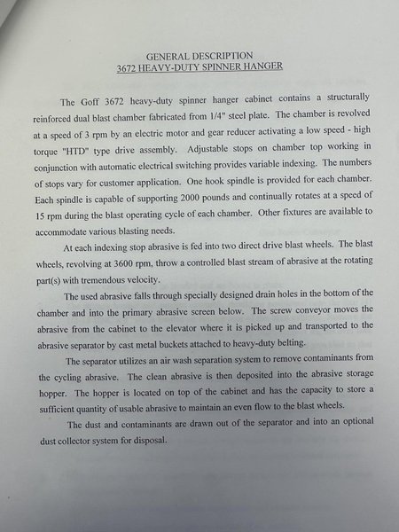 36&quot; X 72&quot; GOFF MODEL #3672D SPINNER HANGER SHOT BLAST CLEANING SYSTEM, NEW 2006: STOCK #22470