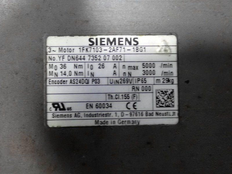 SIEMENS 5000 RPM SERVO MOTOR  -  1FK7103-2AF71-1BG1