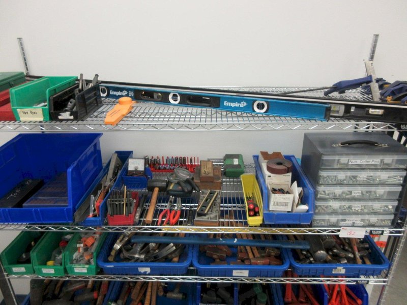 Hand Tools, Large Assortment Including Bolt Cutters, Clamps Tap and Dies, Bubble Levels, Hammers, Pipe Wrenches and More on Uline 5-Shelf 72" x 24" x 78" Metal Wire Rolling Cart- Auction Item