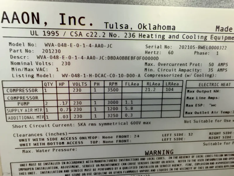 AAON DANDELION HEAT PUMP  -  WVA-048-E-0-1-4-AA0-JC