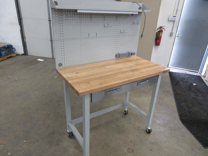 Portable Work Bench with Maple Top, Upper Shelf, Drawer, Work light- Auction Item