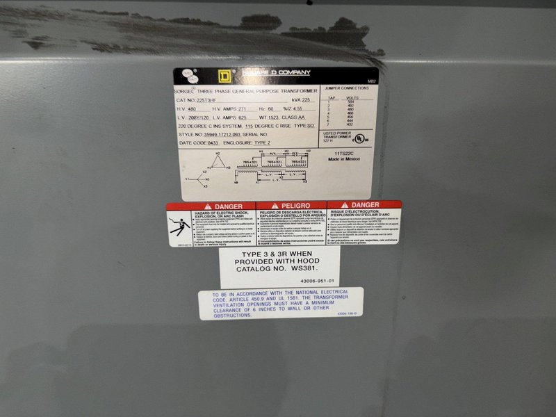 225 KVA SQUARE D 480 &lt;-&gt; 208Y/120 ELECTRICAL 3 PHASE TRANSFORMER: YOBRO #24120