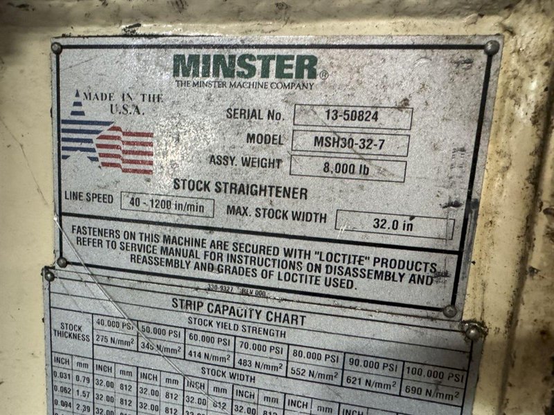 24,000 lbs. x 32&quot; Width Minster Coil Reel and Minster Powered Straightener,  Model#MRH20-38S &amp; MSH30-32-7, Year 2007