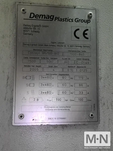 165 TON 14.1 OZ DEMAG MODEL 165/500-840 INJECTION MOLDING MACHINE MFG 2005