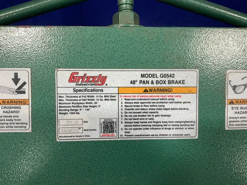 GRIZZLY INDUSTRIES 14 GA. X 48" PAN &amp; BOX BRAKE  -  G0542