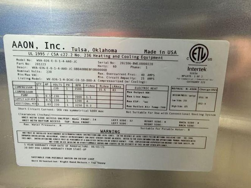 AAON DANDELION HEAT PUMP  -  WVA-036-E-0-1-4-AA0-JC