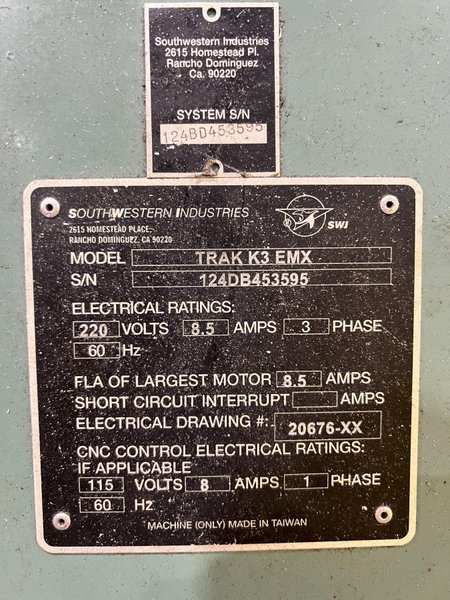 3 HP TRAK MODEL #K3 EMX VERTICAL CNC MILL, MISSING CONTROL: STOCK #23065