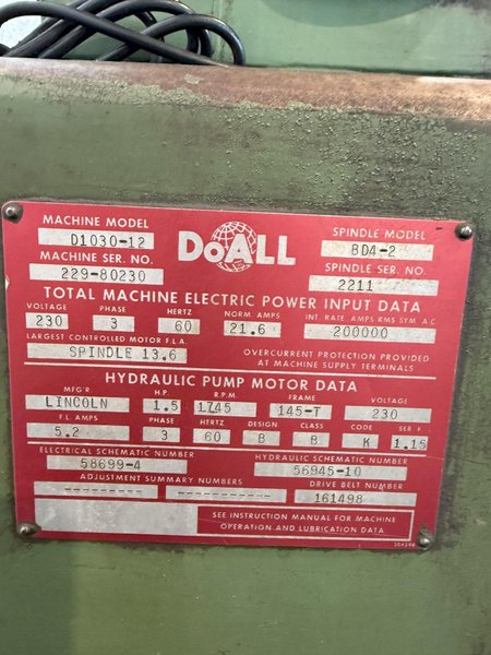 10" X 30" DOALL MODEL HL-1030 HYDRAULIC SURFACE GRINDER. STOCK # 1111525.