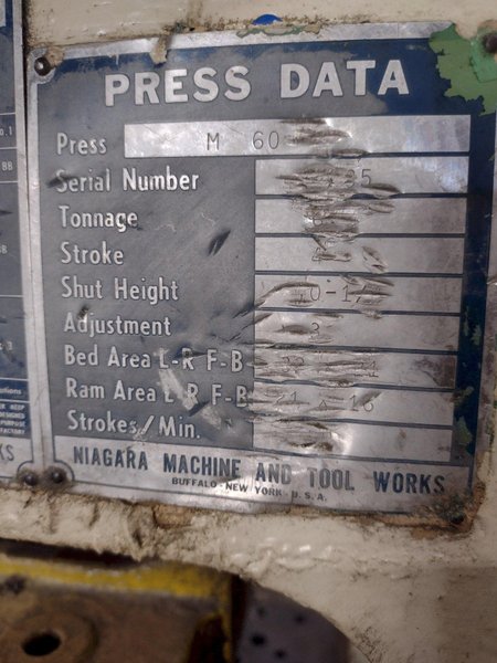 60 TON NIAGARA MODEL #M60 OBI STAMPING PRESS, 4&quot; STROKE: STOCK #19179