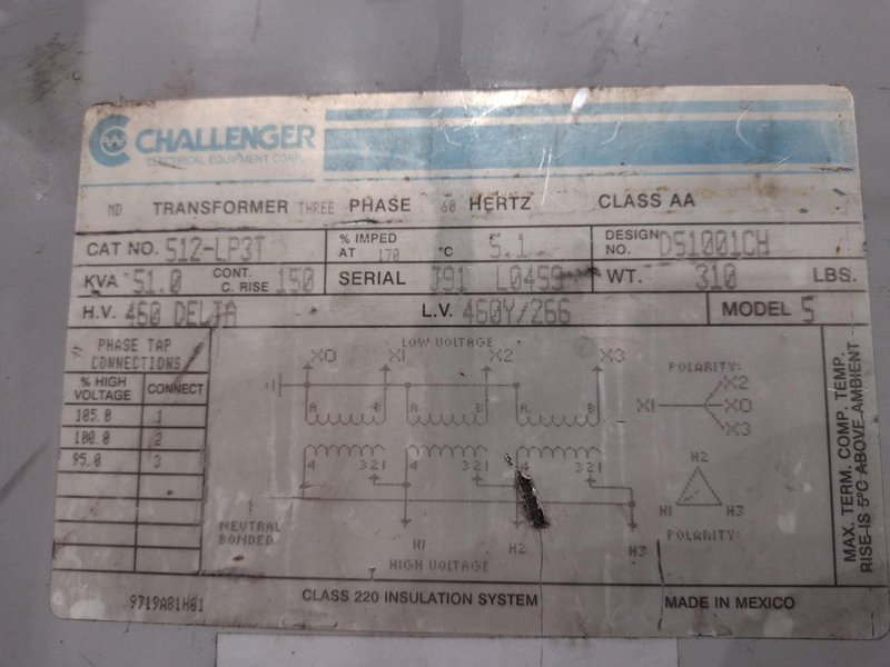 51 KVA CHALLENGER 460 DELTA <--> 460y/266 ELECTRICAL VOLTAGE TRANSFORMER : YOBRO 25138