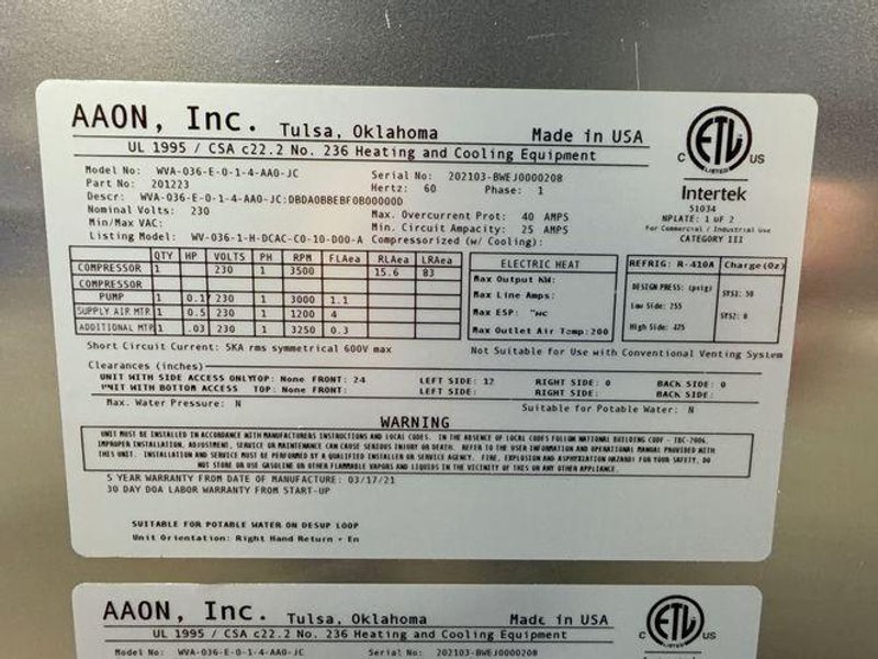 AAON DANDELION HEAT PUMP  -  WVA-036-E-0-1-4-AA0-JC