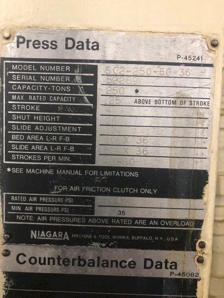 250 ton Niagara SC2-250-60-36 Straight Side Mechanical Metal Stamping Press