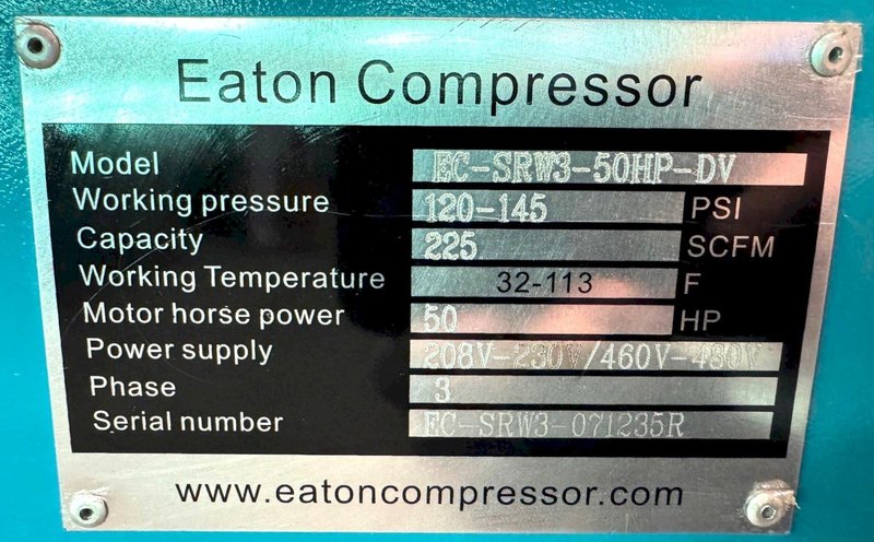 50 HP Eaton Rotary Air Compressor, 225 CFM, 145 PSI, Dryer, Nice