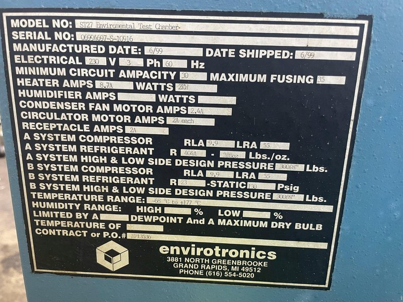 36&quot; X 36&quot; ENVIROTRONICS MODEL #ST27 ENVIRONMENTAL TESTING CHAMBER: STOCK #15427