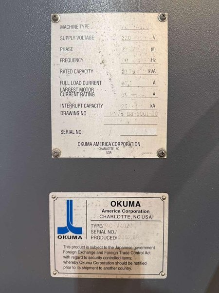 Okuma MC-V4020 CNC Vertical Machining Center – 4th Axis Mill