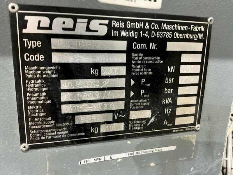 100 TON REIS MODEL #TUS 160 HYDRAULIC MOLD SPOTTING AND TRYOUT PRESS: STOCK #24186