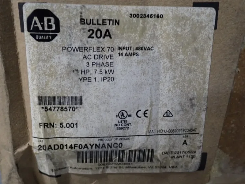 ALLEN BRADLEY 10 HP SERIES A POWERFLEX70  -  20AD014A0AYNANC0